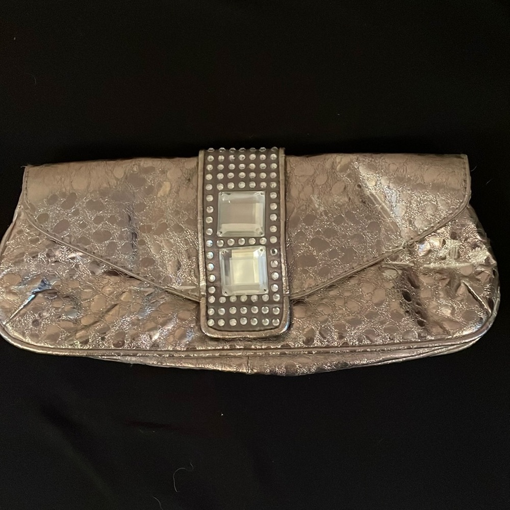 Snap clutch with rhinestones, metallic rose gold